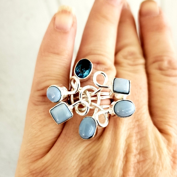 New Twisted Owyhee Opal & Blue Topaz Silver Ring. - Picture 4 of 8